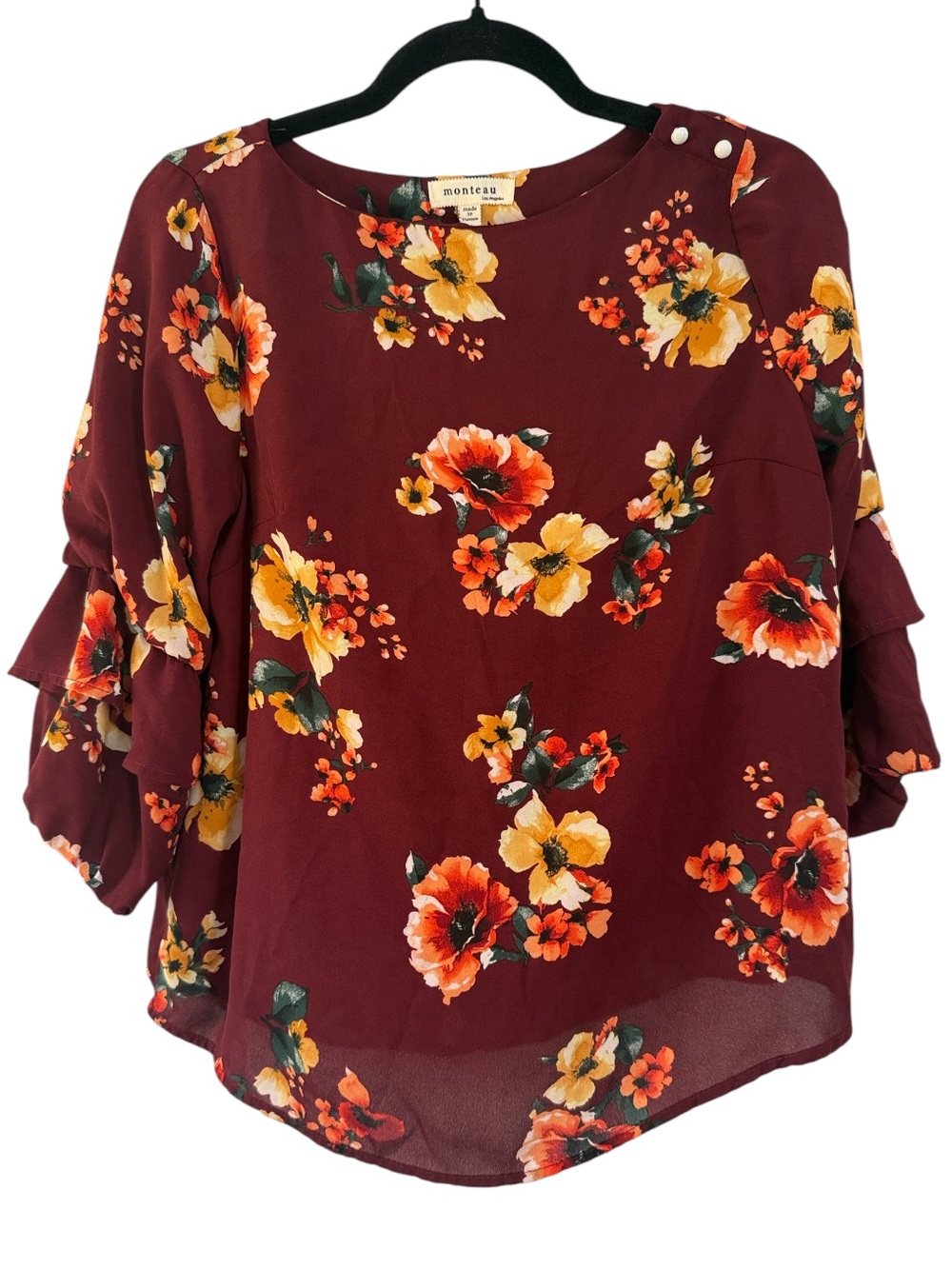 Monteau Burgundy and Yellow Floral Print Blouse with Ruffle Sleeves